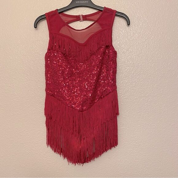 Weissman Dance costume red sequin flapper fringe Fringe Neckline Dress D12490 LC - Picture 2 of 10